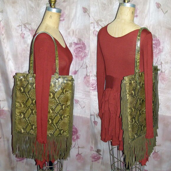 NWOT Via Repubblica Olive Green Reptile Leather Bag w/Fringe - Picture 3 of 10